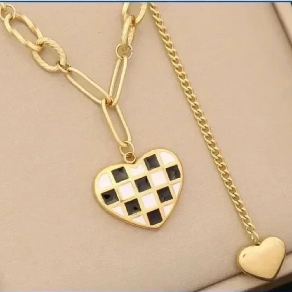 ✅NEW✅ 18K Gold Plated Stainless Steel Dual Hearts Checker Pendant Necklace